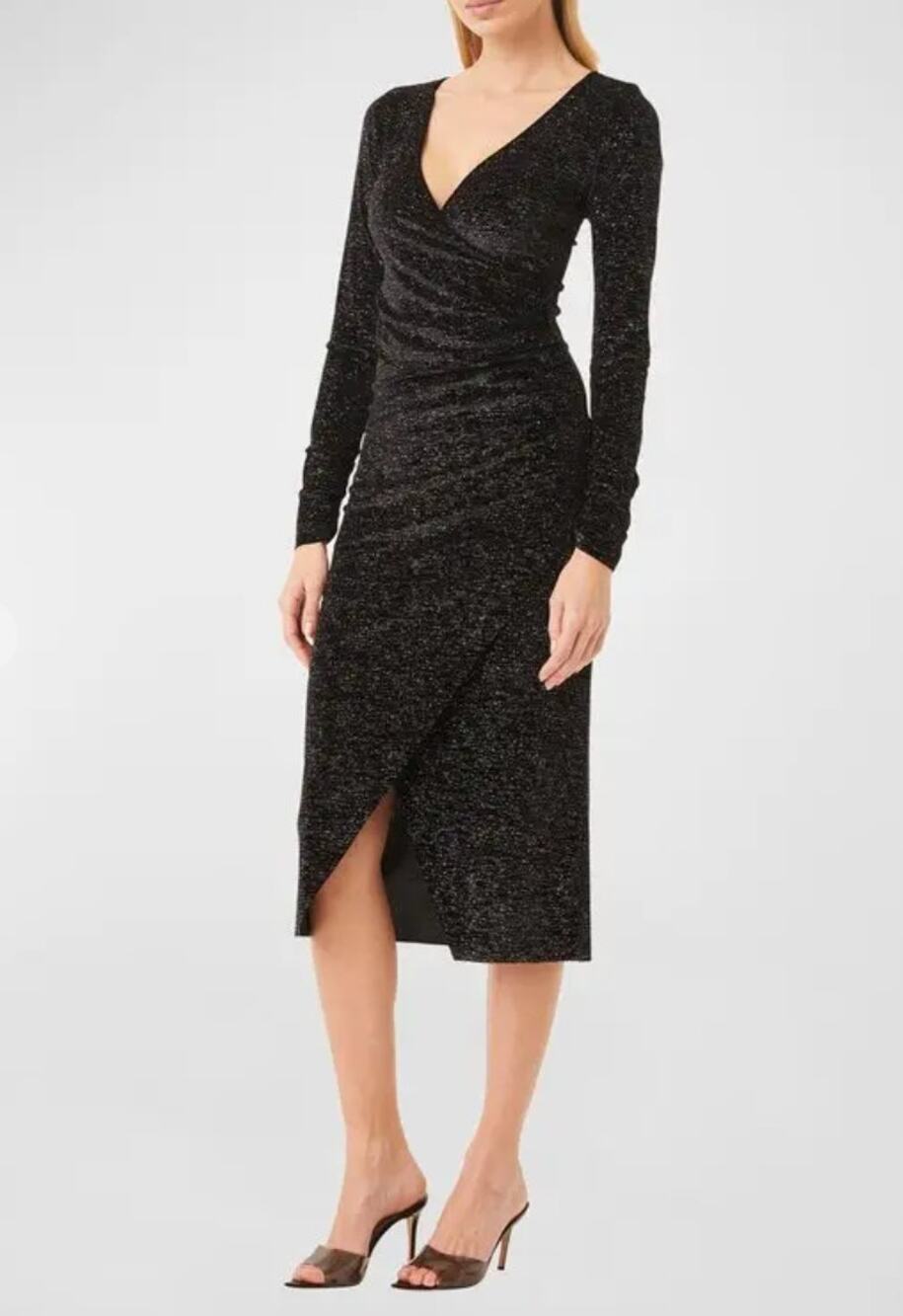 Misa Setarah Metallic Faux-wrap Midi Dress Black Shimmer Size Large NWT Sheath